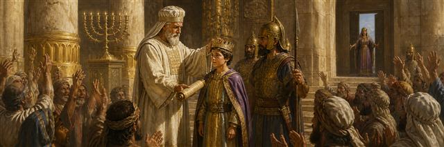 Priest Jehoiada crowning young Joash between temple guards as Athaliah watches